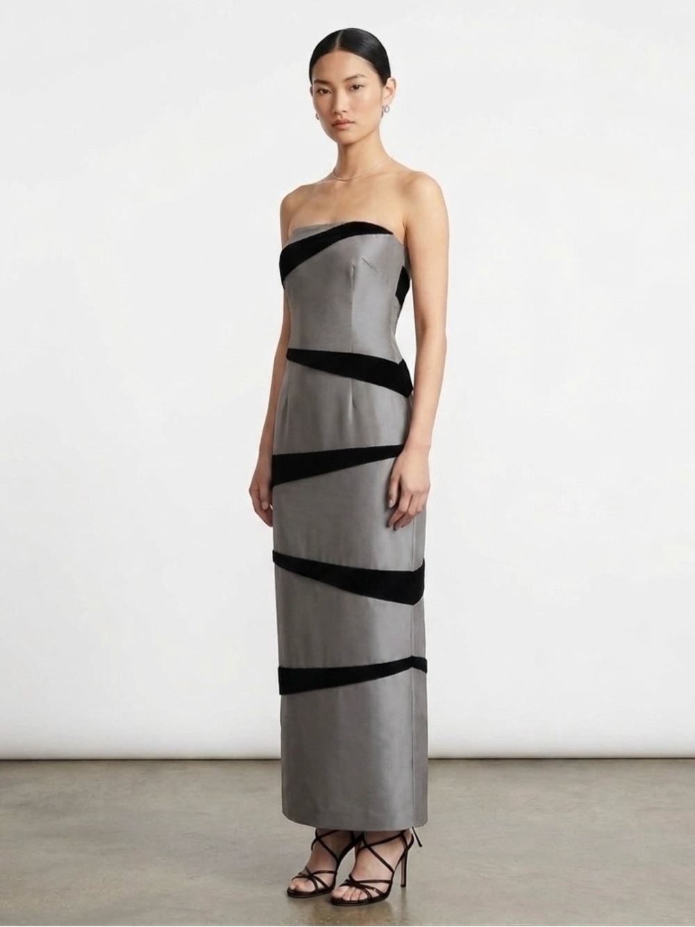 NWT Paula Hian Bucol Brown Silk Taffeta & Velvet Striped Strapless Dress, Size 6